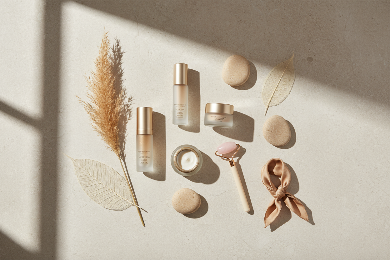 Create a premium editorial still-life image for an ecommerce mega menu. Use a soft, warm neutral palette (beige, cream, sand, light stone). Style should be luxurious, minimal and gender-neutral. Use natural soft daylight with gentle shadows and a clean textured background (marble or matte stone). Include a small set of category-appropriate items in an elegant flat-lay or still-life composition (no logos, no text). Match the cohesive aesthetic of high-end beauty brands like Sephora, category is: deals