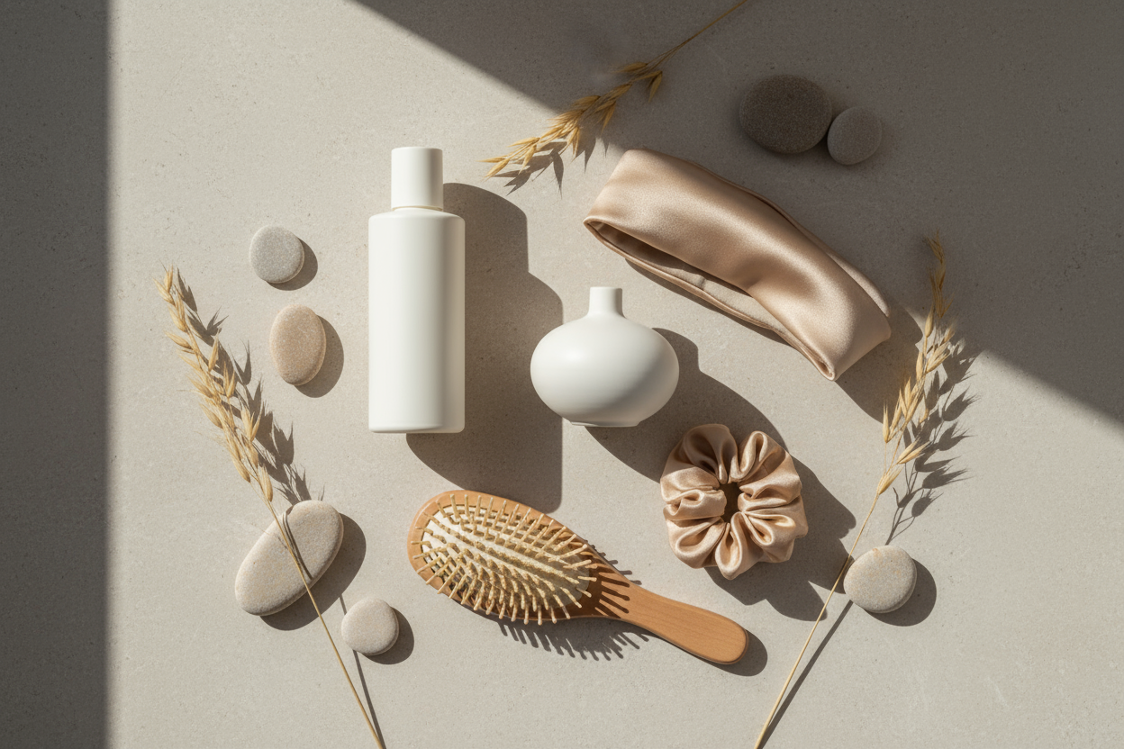 Create a premium editorial still-life image for an ecommerce mega menu. Use a soft, warm neutral palette (beige, cream, sand, light stone). Style should be luxurious, minimal and gender-neutral. Use natural soft daylight with gentle shadows and a clean textured background (marble or matte stone). Include a small set of category-appropriate items in an elegant flat-lay or still-life composition (no logos, no text). Match the cohesive aesthetic of high-end beauty brands like Sephora, category is: hair
