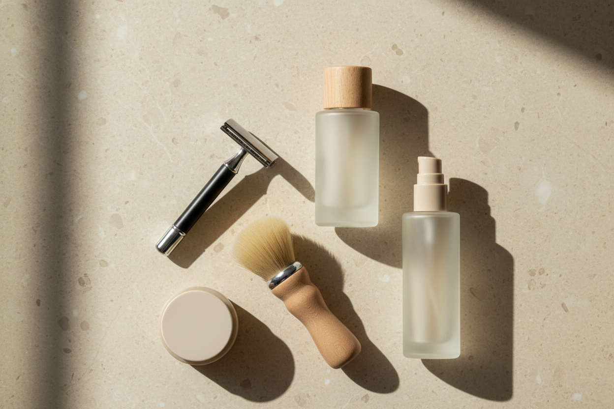 Create a premium editorial still-life image for an ecommerce mega menu. Use a soft, warm neutral palette (beige, cream, sand, light stone). Style should be luxurious, minimal and gender-neutral. Use natural soft daylight with gentle shadows and a clean textured background (marble or matte stone). Include a small set of category-appropriate items in an elegant flat-lay or still-life composition (no logos, no text). Match the cohesive aesthetic of high-end beauty brands like Sephora, category is: men