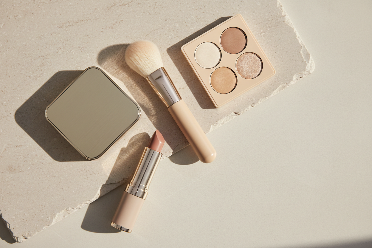 Create a premium editorial still-life image for an ecommerce mega menu. Use a soft, warm neutral palette (beige, cream, sand, light stone). Style should be luxurious, minimal and gender-neutral. Use natural soft daylight with gentle shadows and a clean textured background (marble or matte stone). Include a small set of category-appropriate items in an elegant flat-lay or still-life composition (no logos, no text). Match the cohesive aesthetic of high-end beauty brands like Sephora, category is: Makeup
