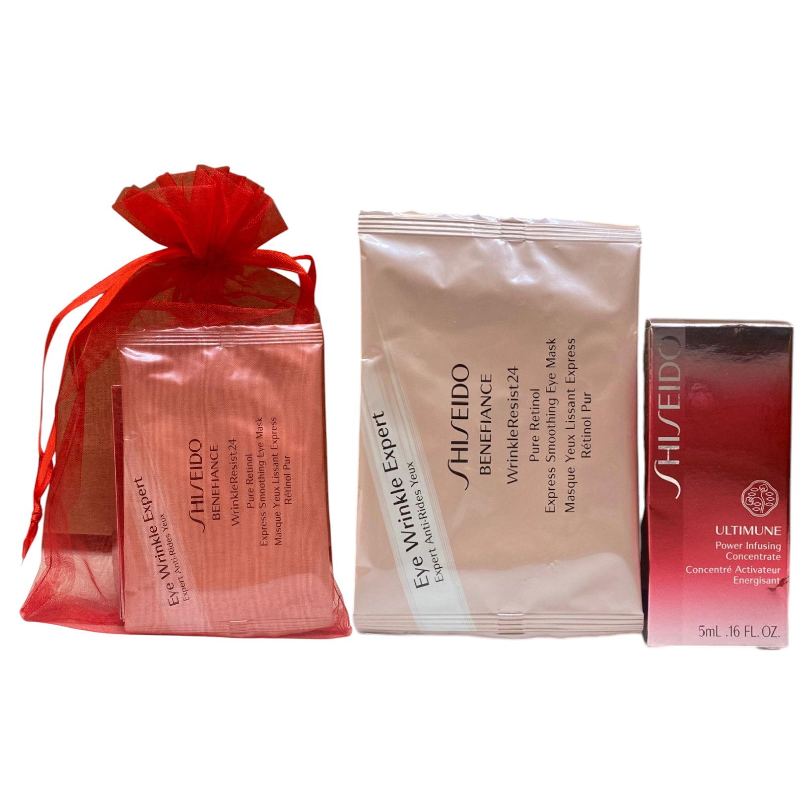 Eye2Eye Set Shiseido: Ultimune Power Infusing, Energising, Serum, For Face, 5 ml + Benefiance WrinkleResist24, Retinol, Smoothing, Under-Eye Mask Patch, 2 pcs
