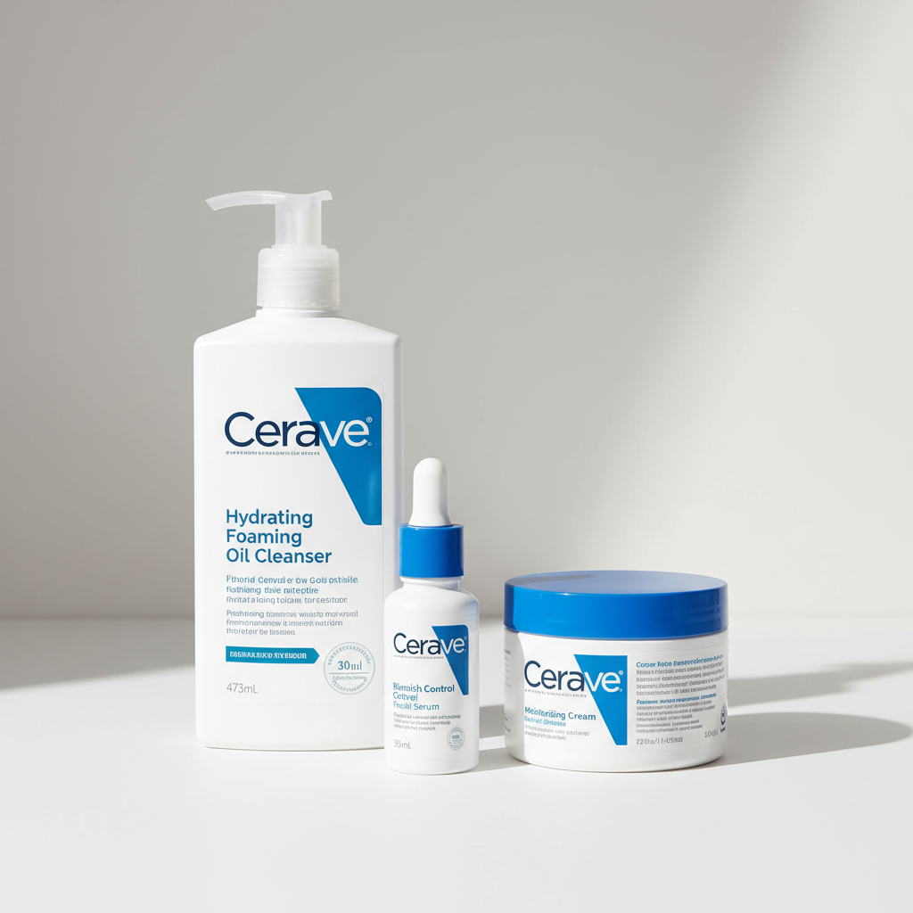 Cerave skincare products including a foaming cleanser, serum, and cream on a light background