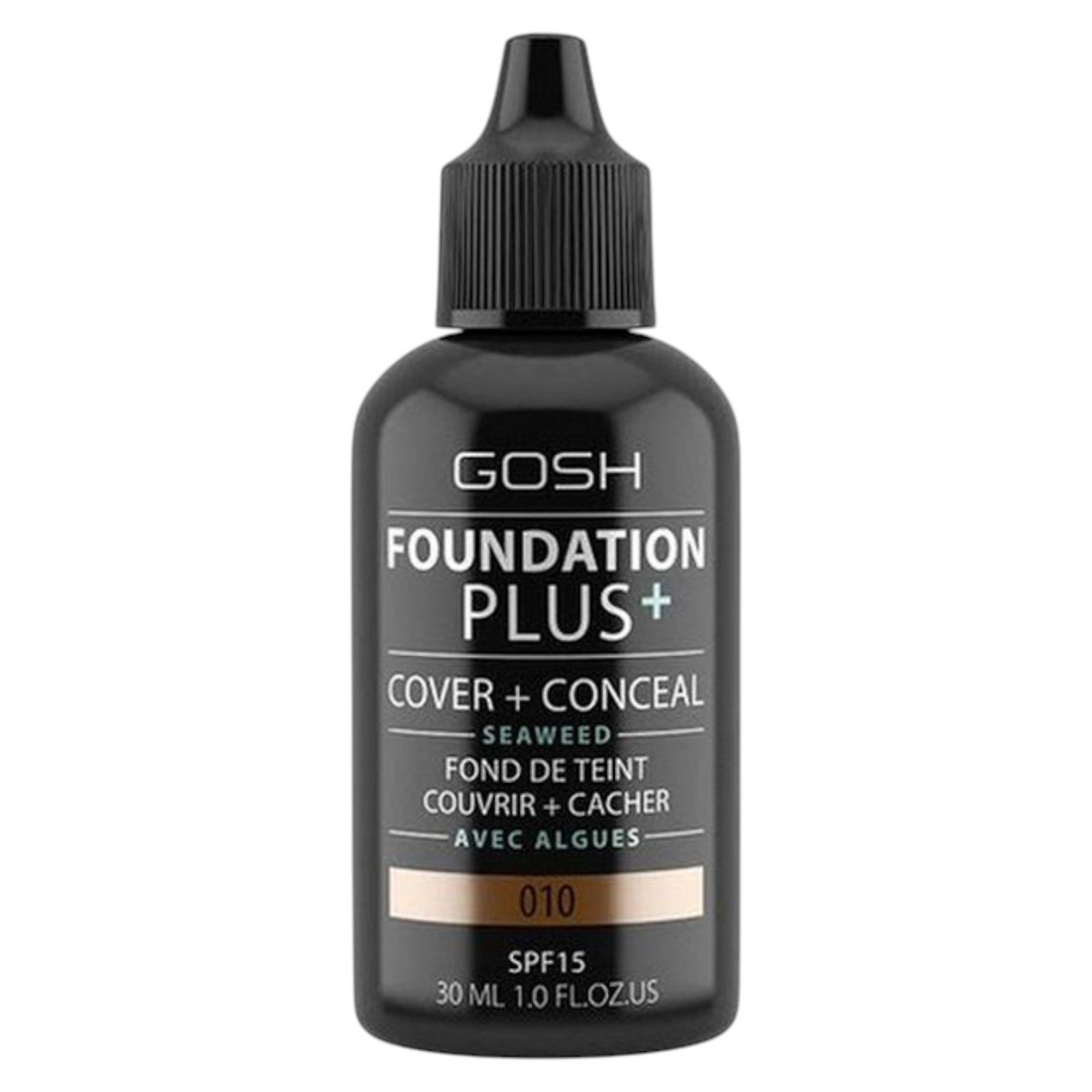 Gosh, Foundation Plus+, Cover & Conceal, Liquid Foundation, 010, Tan, SPF15, 30 ml