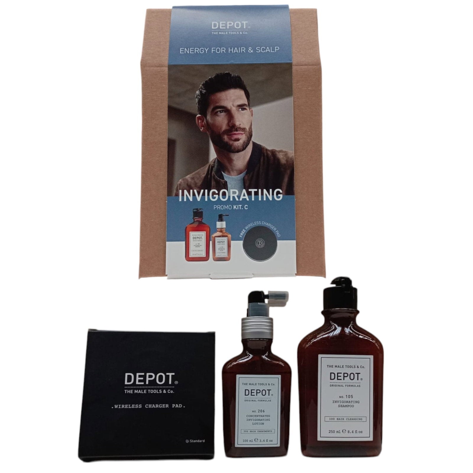 Invigorating Kit C Set Depot: 100 Hair Cleansing No. 105, Multivitamin Complex, Hair Shampoo, Anti-Hair Loss, 250 ml + 200 Hair Treatments No. 206, Hair Lotion Treatment, Invigorating, 100 ml