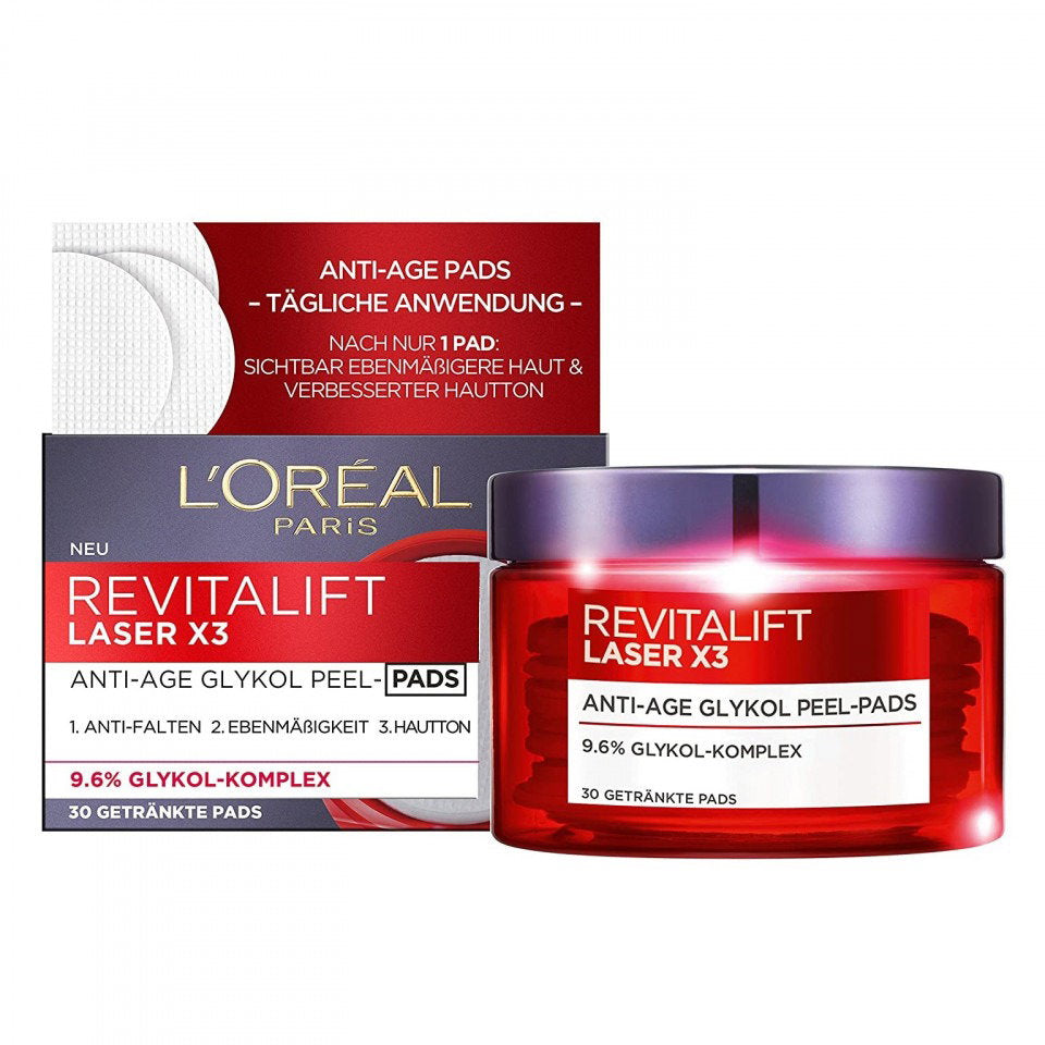 L'Oreal Paris, Revitalift Laser X3, Glycolic Acid, Anti-Ageing, Peel-Off Pads, 30 pcs