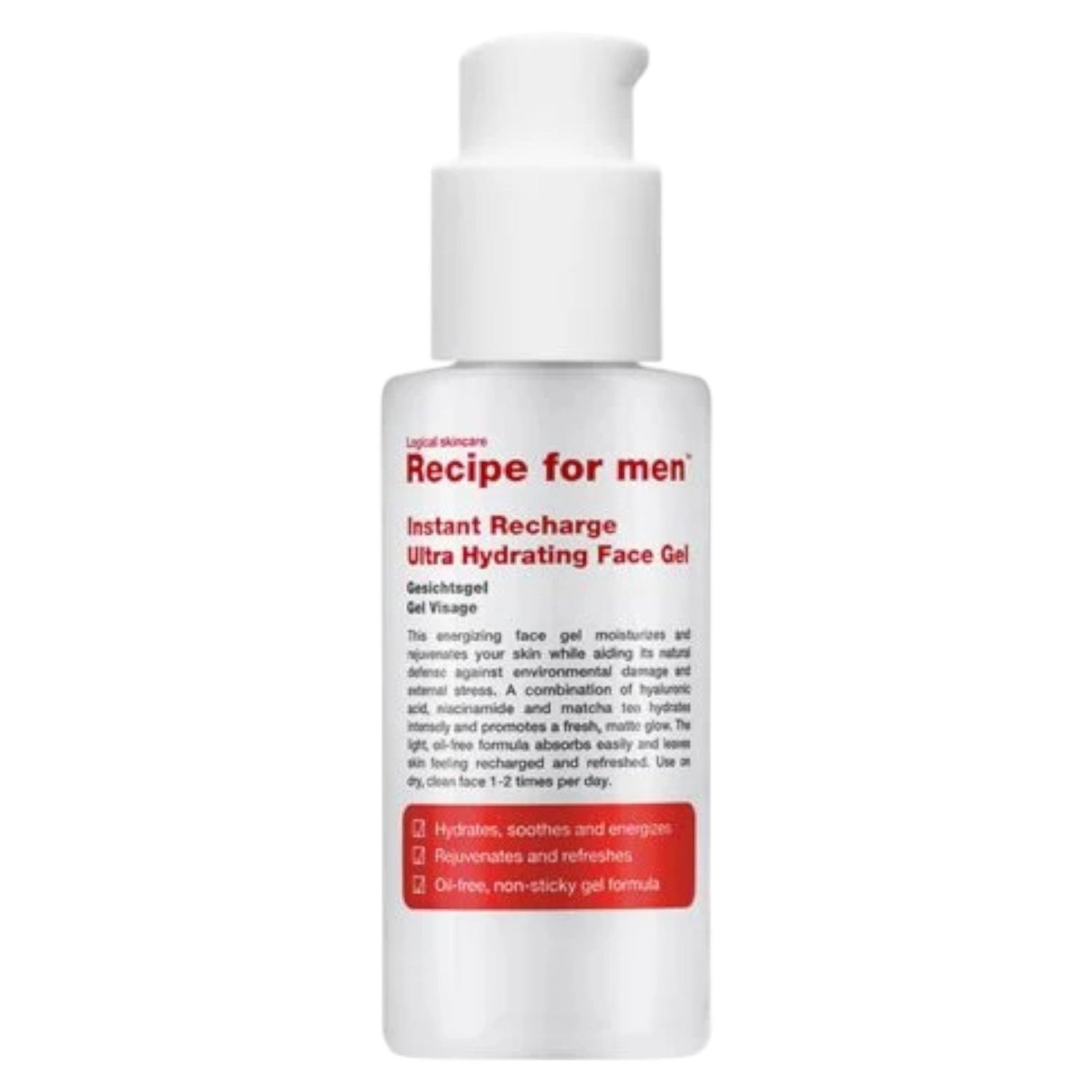 Recipe For Men, Instant Recharge, Hyaluronic Acid, Moisturizes, Gel, Face, 75 ml