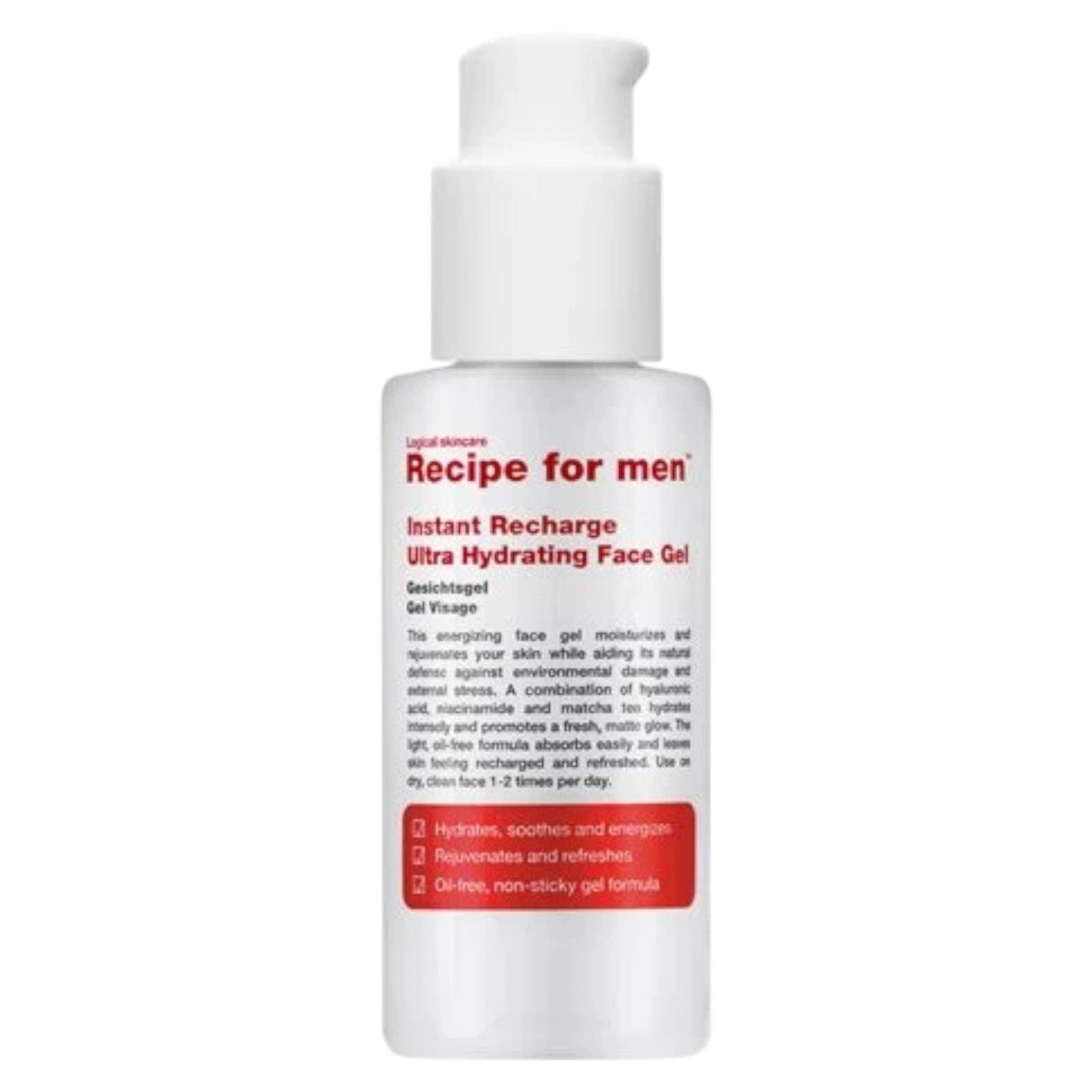 Recipe For Men, Instant Recharge, Hyaluronic Acid, Moisturizes, Gel, Face, 75 ml