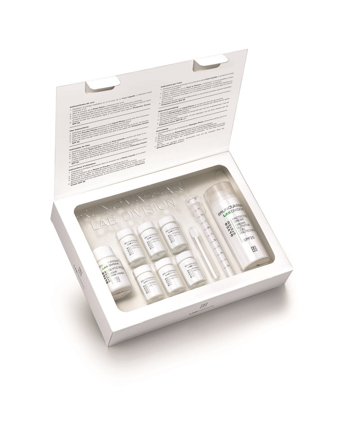 Set Bruno Vassari: Glyco System, Eliminates Impurities, Exfoliating Powder, 6 pcs, 0.30 g + Glyco System, Protects & Hydrates, Cream, For Face, SPF 25, 30 ml