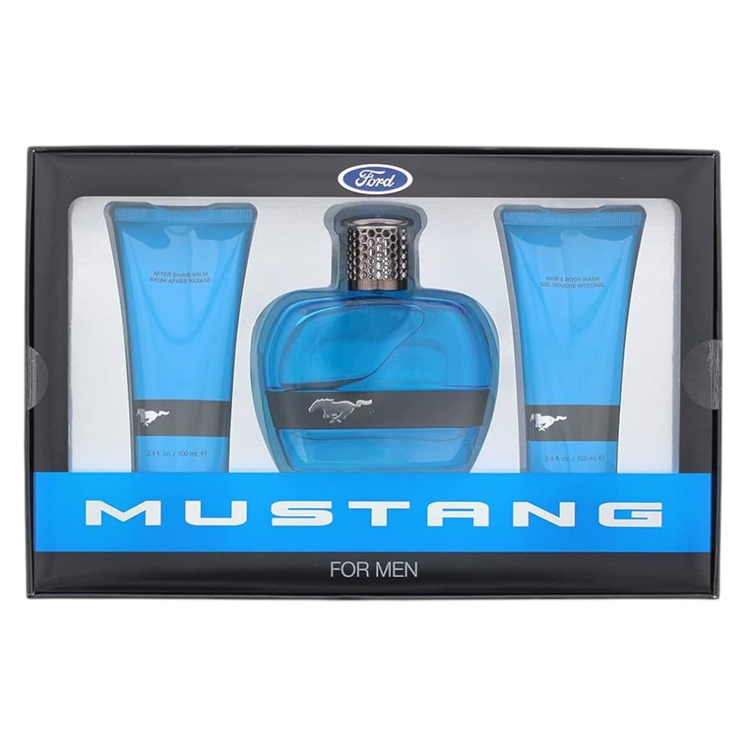 Set Ford: Mustang Blue, Eau De Toilette, For Men, 100 ml + Mustang Blue, Hydrating, After-Shave Balm, 100 ml + Mustang Blue, Hydrating, Body Wash, For Hair & Body, 100 ml