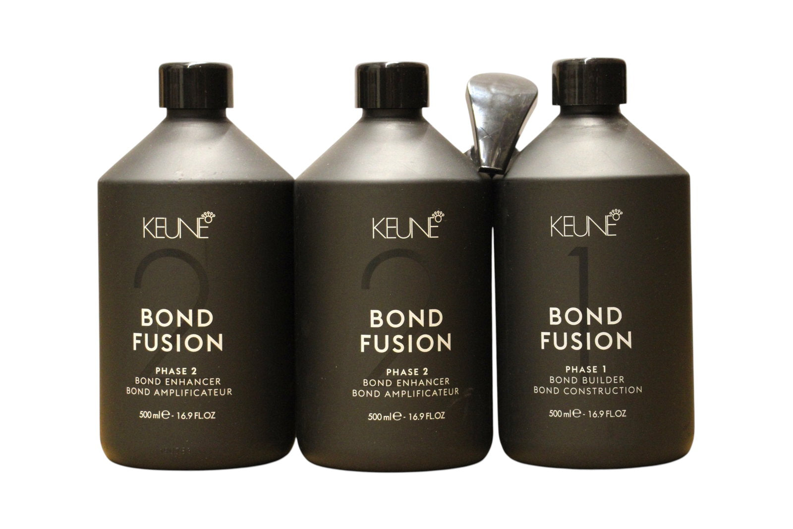 Set Keune: Bond Fusion Phase 1, Hair Treatment Lotion Mask, Bond Repair, 500 ml + Bond Fusion Phase 2, Hair Treatment Lotion Mask, Bond Enhancer, 500 ml + Measuring Plastic Cup