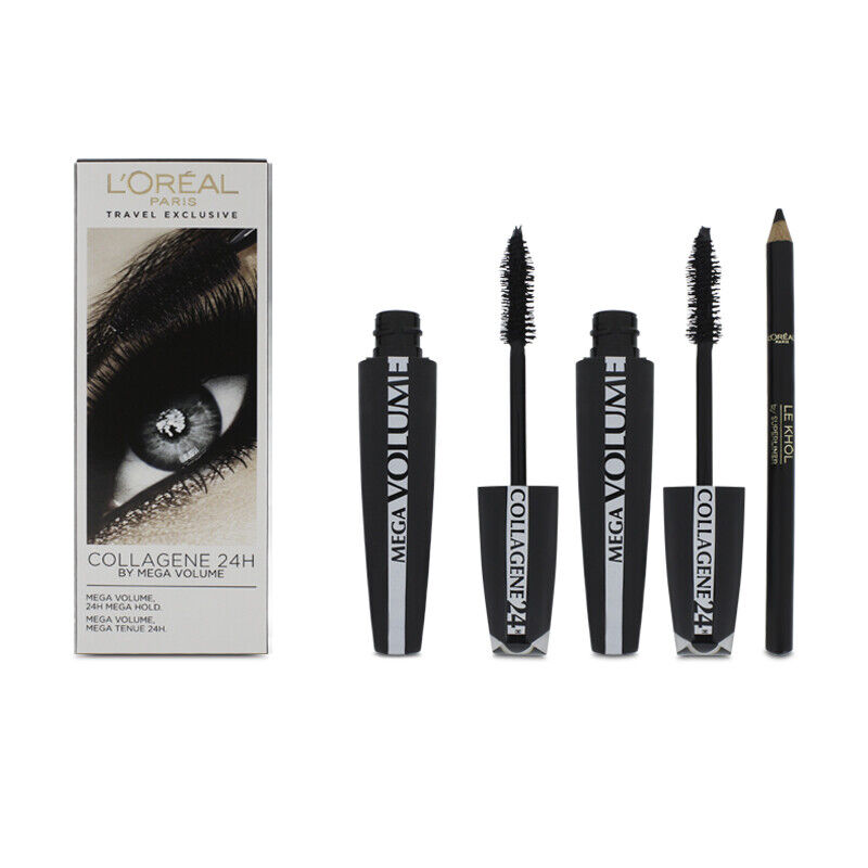 Set L'Oreal Paris: Mega Volume Collagene 24h Extra, Mascara, Black, 2 pcs, 9 ml + Contour Khol, Kohl Eyeliner, Black, 1.2 g
