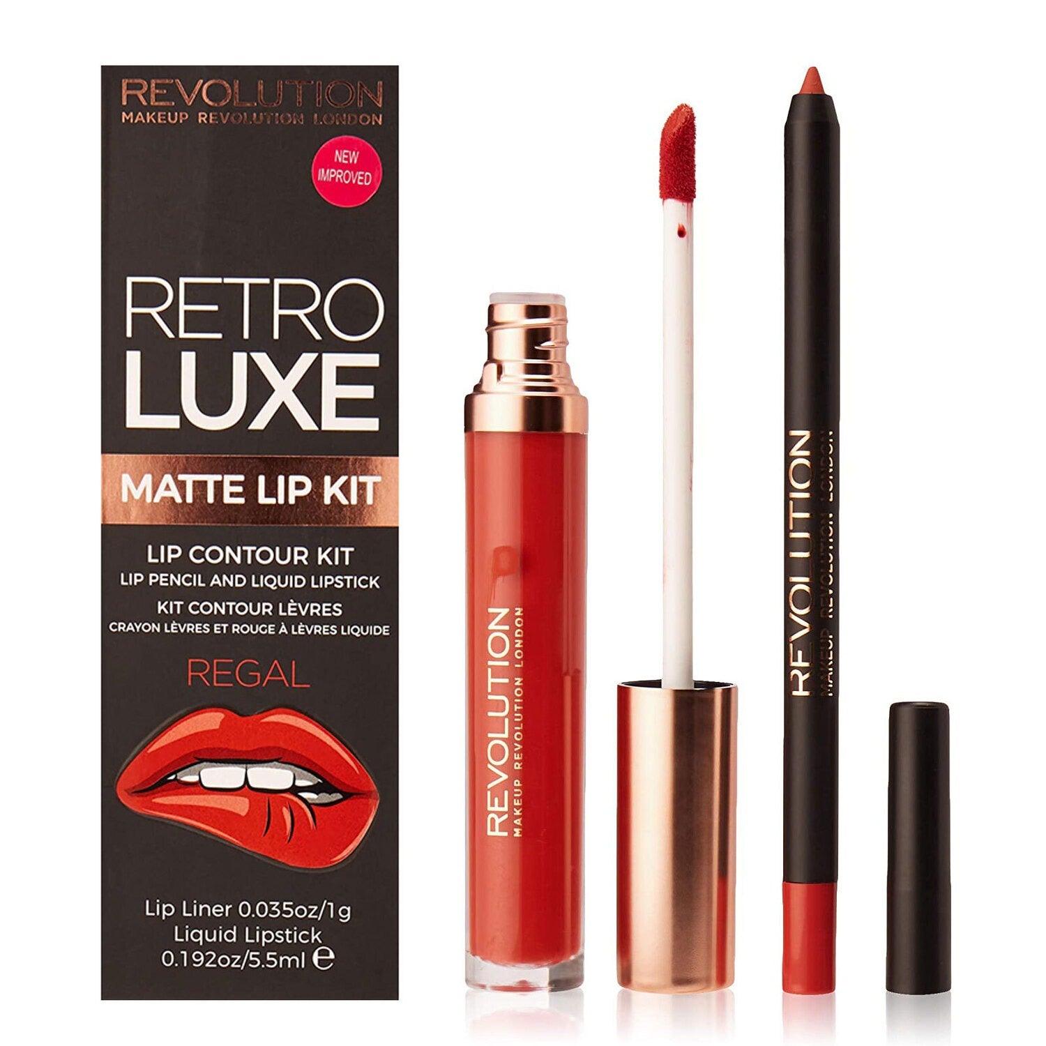 Set Makeup Revolution: Retro Luxe, Lip Liner, Regal, 1 g + Retro Luxe, Matte, Liquid Lipstick, Regal, 5.5 ml