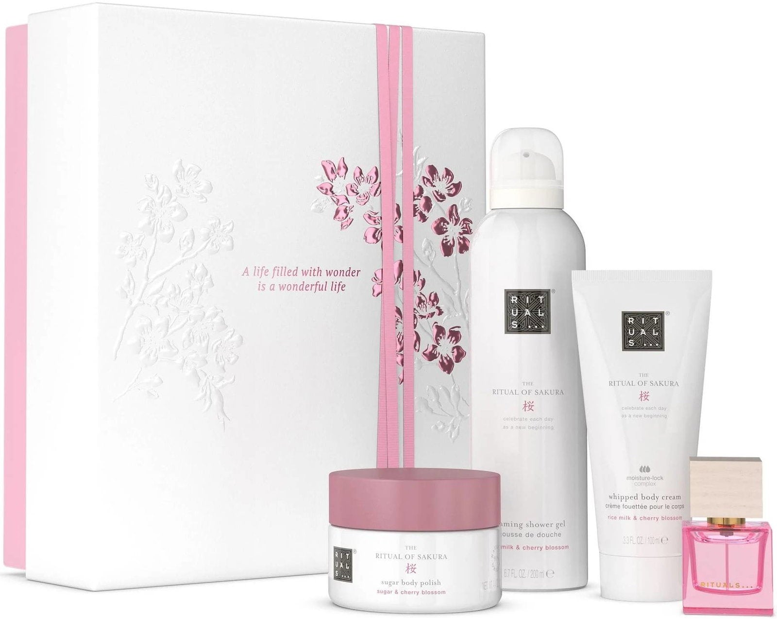 Set Rituals: The Ritual Of Sakura, Rejuvenating, Body Scrub, 125 g + The Ritual Of Sakura, Shower Mousse, 200 ml + The Ritual Of Sakura, Hydrating, Body Cream, 100 ml + Reve De Hanami, Eau De Parfum, For Women, 15 ml