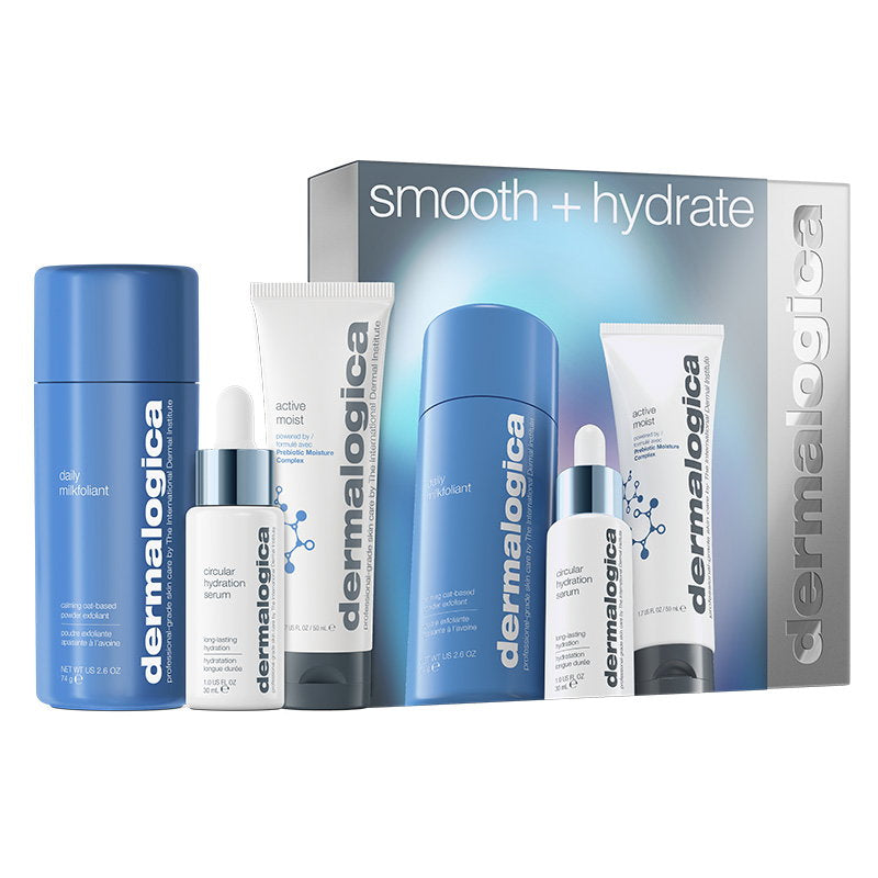 Smooth + Hydrate Set Dermalogica: Daily Milkfoliant, Exfoliating, Exfoliating Powder, 74 g + Active Moist, Prebiotics, Hydrating, Cream, For Face, 50 ml + Circular Hydration, Hyaluronic Acid, Serum, For Face, 30 ml