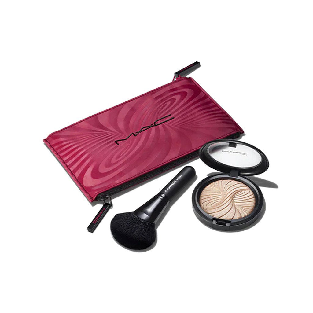 Trick Of The Light Extra Dimension Skinfinish Kit Set MAC: Textile Makeup Bag, Burgundy + MAC, Multi Face Brush, 143S + Extra Dimension Skinfinish, Highlighter Powder, Magnetic Attraction, 9 g