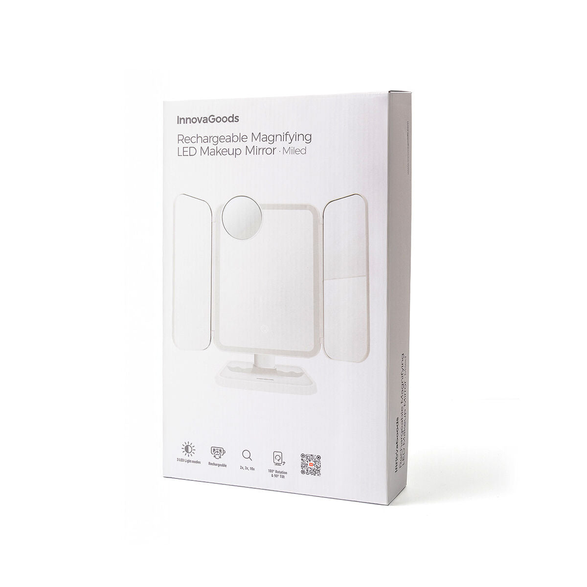 Rechargeable Triptych Makeup Mirror with Magnification and LED Light Miled InnovaGoods product packaging
